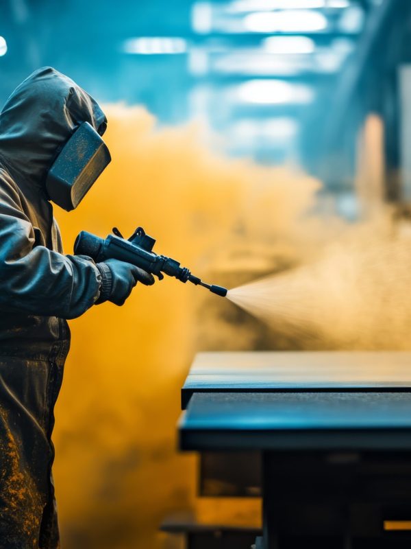 In an industrial setting, a skilled technician expertly sprays innovative powder coating on metal surfaces, using advanced machinery and safety measures to ensure optimal performance and quality